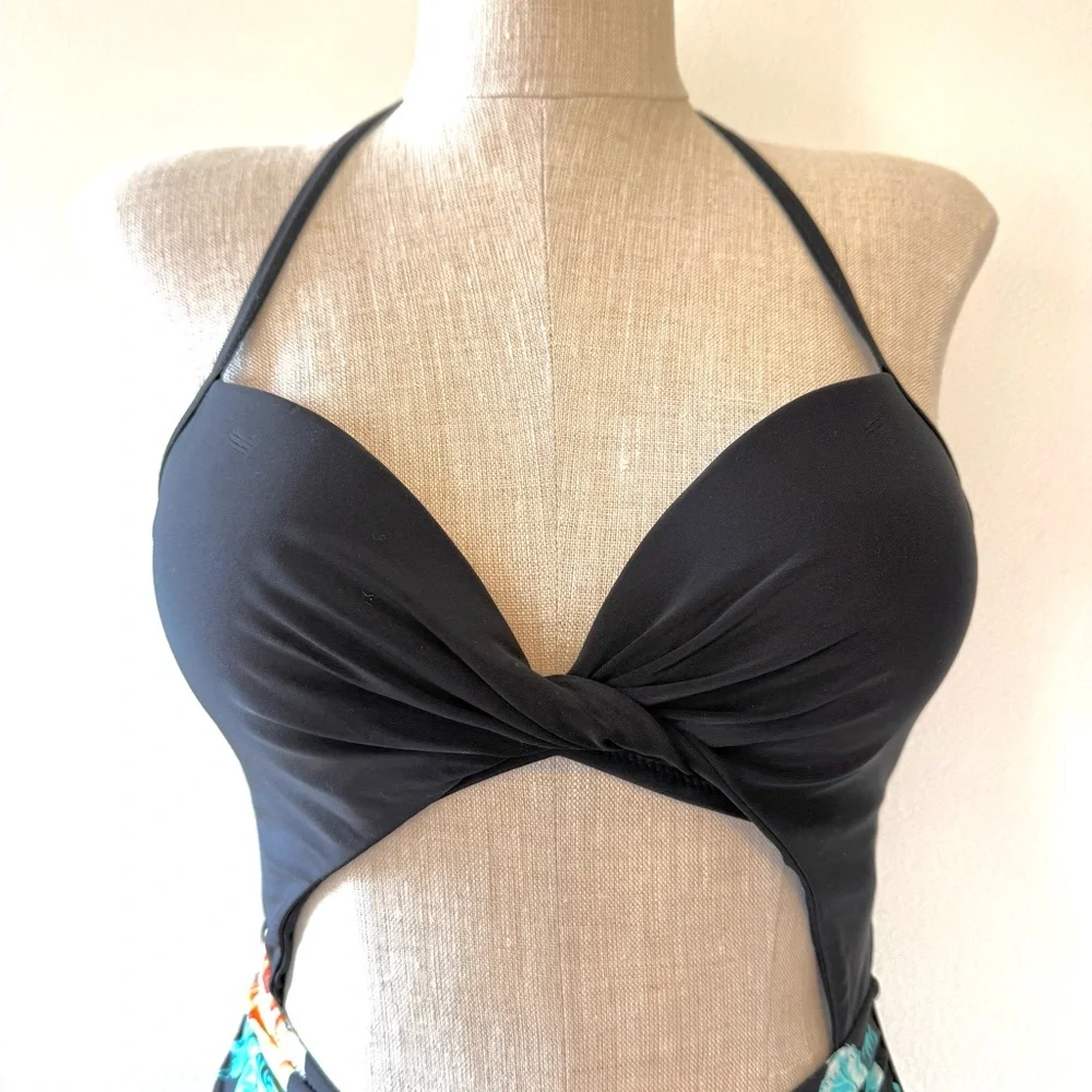 Cupshe Black Floral Print Halter Lace-Up Tummy Control One Piece Swimsuit - Picture 4 of 16